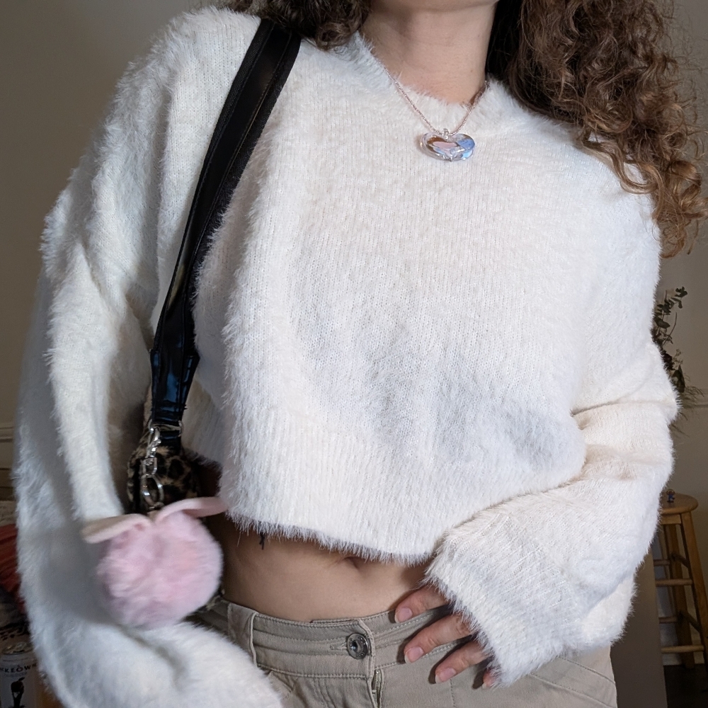 Missguided Fuzzy Cropped Crew Neck Sweater - Cream